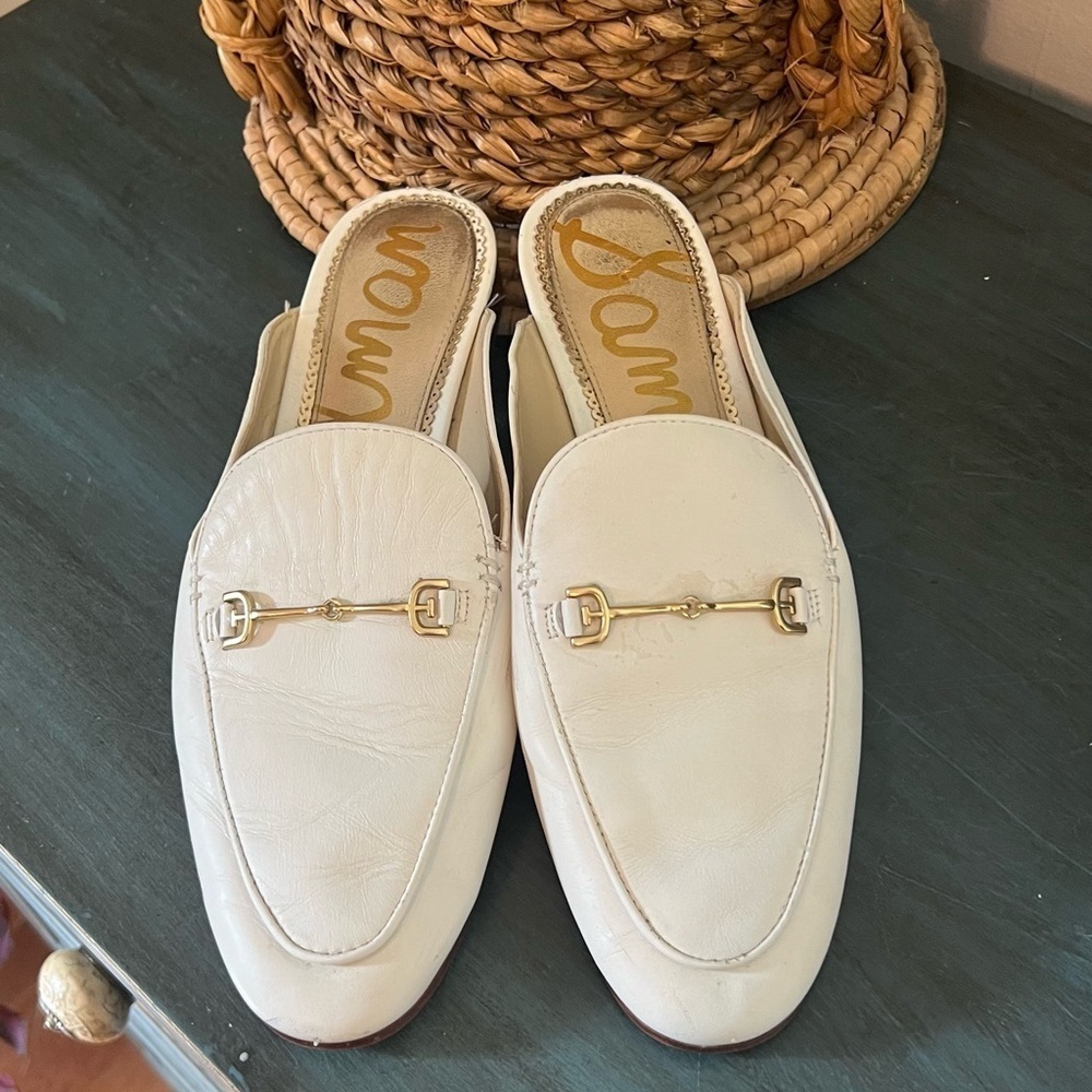 Sam Edelman Cream Mules with Gold Accents